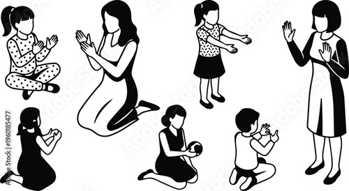 Black and white line art kneeling woman and children clapping in varied seated and standing poses