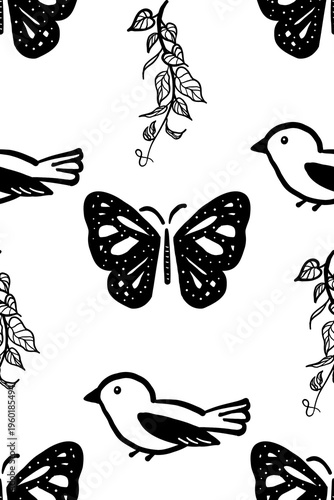 Seamless pattern with white hand drawn butterflies, birds, and botanical leaves on black background
