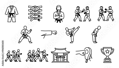 Karate Training Line Icons – Martial Arts School, Dojo and Fighting Techniques Outline Set