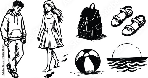 Young woman and man with beach accessories line art showing footprints and sunset