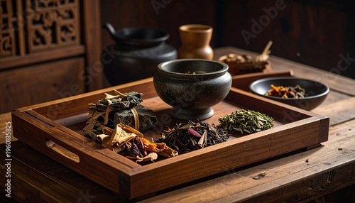 A wooden tray displaying an assortment of dried herbs, spices, and tea leaves in traditional bowls, set on a rustic wooden table.