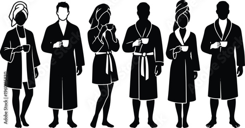 Black and white line art six figures in robes holding mugs during morning spa