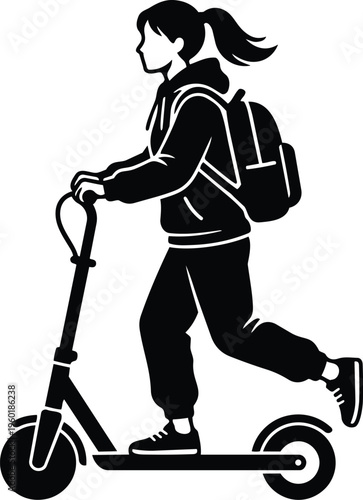 Black and white silhouette girl on kick scooter pushing with backpack side profile
