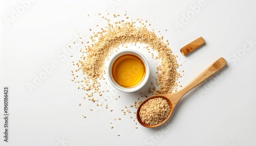 Overhead view of sesame seeds, sesame oil in a bowl, and a wooden spoon on a white background.