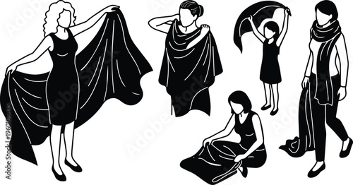 Black and white line art women holding scarves and fabric in varied poses and gestures