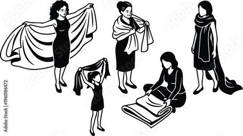 Black and white line art women draping scarves folding fabric in various poses