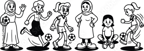 Line art black and white girls playing soccer with hijab and dynamic kicking poses