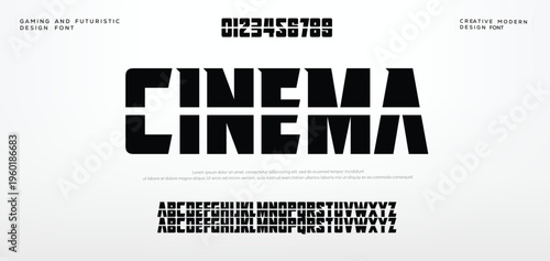 CINEMA Modern Bold Font. Regular and Number Typography urban style alphabet fonts for fashion, sport, technology, digital, movie, logo design, vector illustration