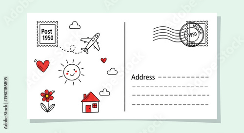 Vintage 1950 Postcard Template - Retro Travel Design with Airplane, Smiling Sun, House and Flower - Nostalgic Greeting Card with Postage Stamp