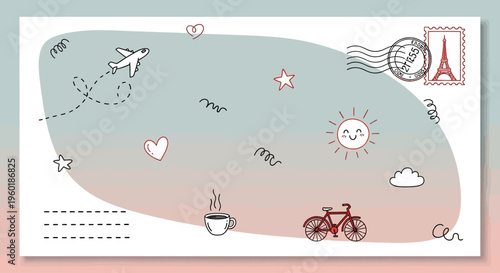 Cute Travel Postcard with Airplane, Eiffel Tower Stamp, Bicycle and Coffee - Kawaii Style Greeting Card with Smiling Sun and Hearts on Gradient Background