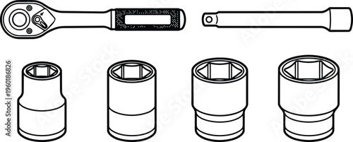 Vector line art ratchet wrench with extension bar and four sockets in black and white