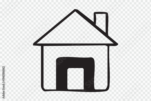 Simple black line drawing of a house with a chimney and doorway