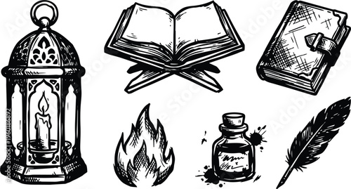 Line art black and white lantern candle open book quill ink bottle journal and flame set