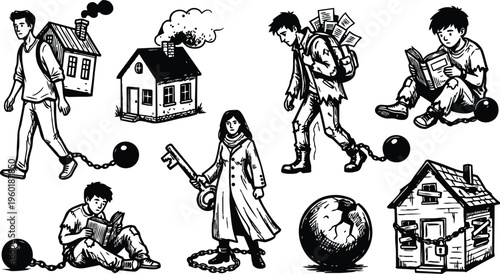 Black and white line art people chained to balls with houses boarded and woman holding oversized key