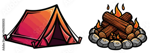 Camping tent and campfire set with burning logs for outdoor adventure and summer vacation travel