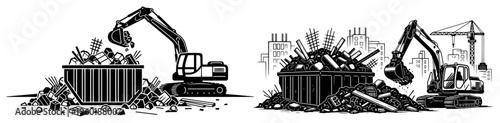 Construction excavator machine removing rubble and debris into waste container for site demolition work