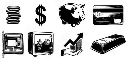 Money and finance icon collection set with piggy bank coins credit card and safe for banking economy and investment design