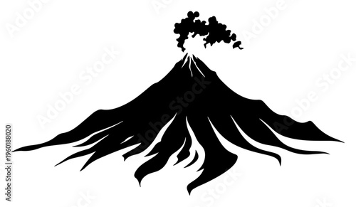 Erupting volcano silhouette with smoke and ash for natural disaster and geology mountain landscape