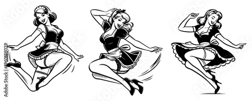 Retro pin up maid characters jumping and dancing in vintage uniform for cleaning service mascot