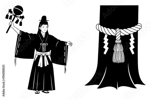 Japanese Shinto priestess miko performing ritual with kagura suzu bell and sacred shimenawa rope on tree