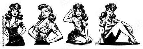 Pin up police officer woman collection set in vintage retro uniform for security and law enforcement mascot