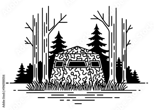 Camouflage hunting blind tent in forest landscape for outdoor sport hunting and wildlife observation