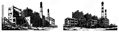 Abandoned industrial factory ruins with chimneys for post-apocalyptic urban decay and destruction design