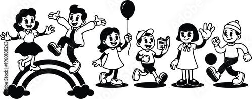 Retro cartoon children playing on rainbow with balloon and book vector art black and white