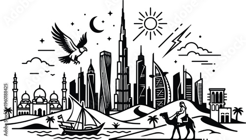 Dubai skyline with burj khalifa burj al arab dhow and camel silhouette in black and white vector art