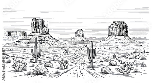 Monuments Valley Desert Landscape Drawing, Iconic Rock Formations, Cacti, and Arid Terrain