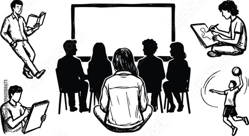 Black and white line art student seated cross legged facing classroom screen with surrounding sketch figures