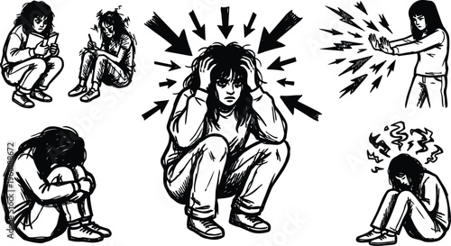 Line art stressed woman holding head with arrows and lightning black and white vector