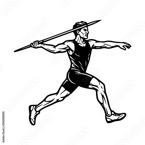 Javelin Throw Athlete Black and White Line Art Track and Field Sports Illustration Dynamic Runner Pose