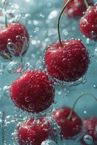 Macro Shot of Red Cherries Falling into Water with Dynamic Splashes