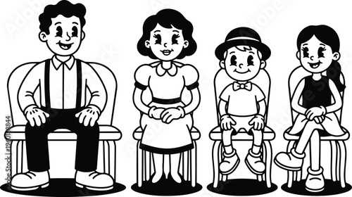 Retro cartoon family of four sitting on chairs smiling in black and white