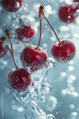 Macro Shot of Red Cherries Falling into Water with Dynamic Splashes