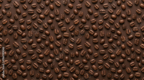 Dense coffee beans pattern on brown surface with organic scattered layout and rich roasted texture