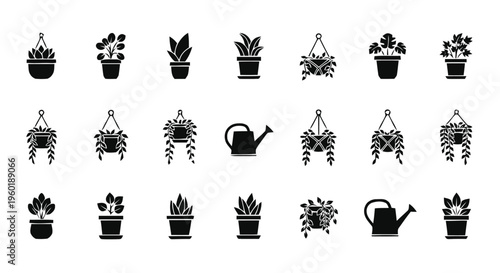 Vector illustration of set of house plants in pots and watering cans, vector icons
