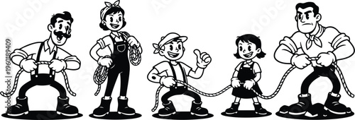 Retro cartoon 1950s family tug of war line art five characters pulling rope in profile