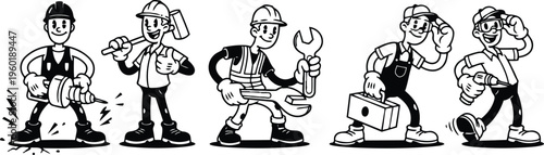 Black and white line art smiling construction workers with jackhammer sledgehammer wrench toolbox and drill
