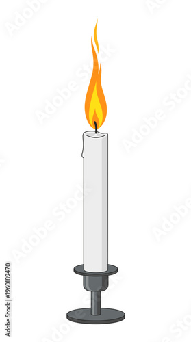 A solitary candle burning brightly in a holder. The flame flickers, casting a warm glow