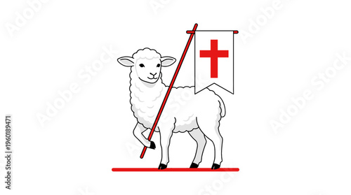 The lamb holds a red cross banner aloft, with an aura of serenity. The lamb is a symbol of innocence and purity, and is often associated with religious concepts.