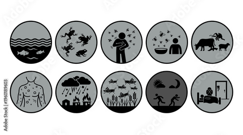 Depicting several plagues icons, in grayscale color. Each icon symbolizes a different catastrophe