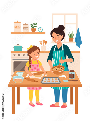 A mother and daughter are happily making cookies together in the kitchen