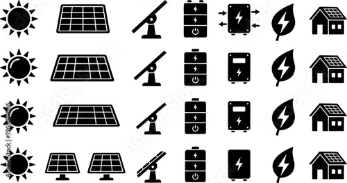 Solar Energy Icons. Solar energy system. Filled icon set of Solar energy system: sun rays, solar module,
