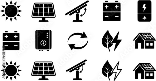 Solar Energy Icons. Solar energy system. Filled icon set of Solar energy system: sun rays, solar module,
