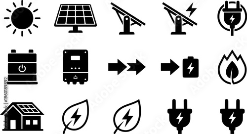 Solar Energy Icons. Solar energy system. Filled icon set of Solar energy system: sun rays, solar module,
