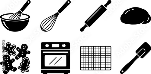 Baking Process. Filled icon set of Baking Process: mixing bowl, whisk, rolling pin, dough ball, cookie shapes,
