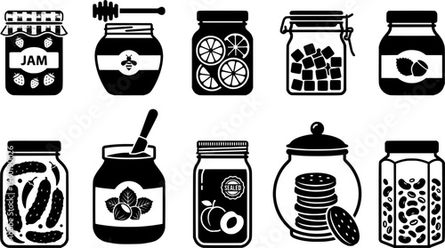 Homemade Preserves. Filled icon set of Homemade Preserves: jam jar, honey jar, marmalade jar, peanut butter
