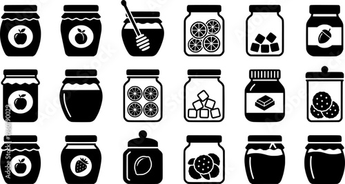 Homemade Preserves. Filled icon set of Homemade Preserves: jam jar, honey jar, marmalade jar, peanut butter
